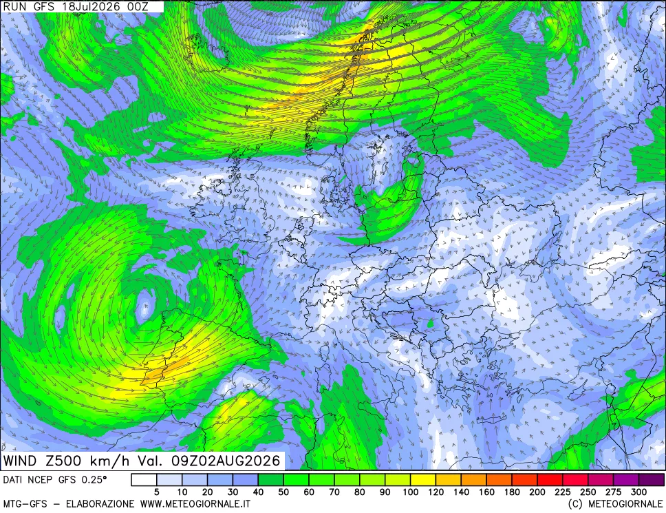mappa 500 hPa Vento forza e direzione
