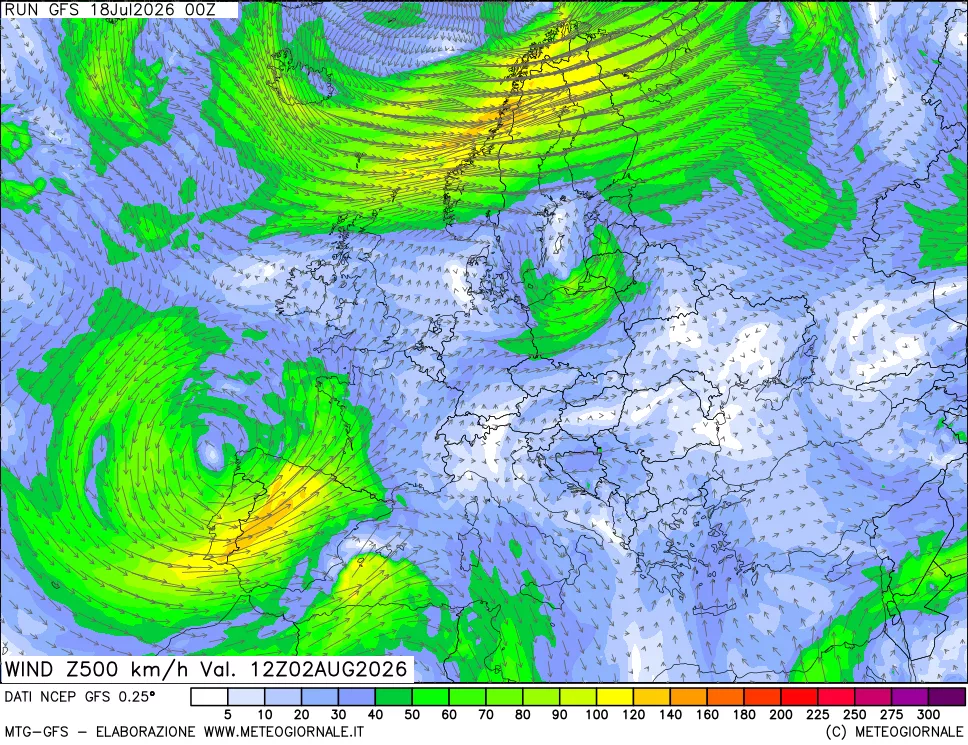 mappa 500 hPa Vento forza e direzione