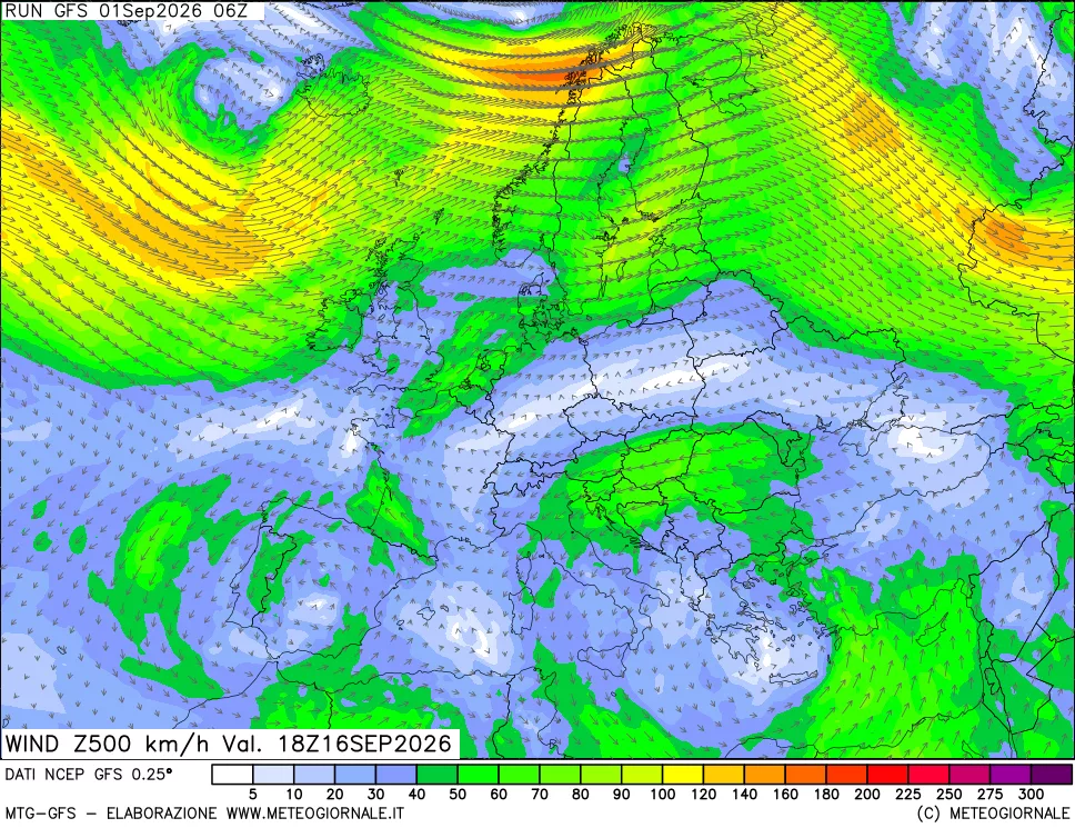 mappa 500 hPa Vento forza e direzione