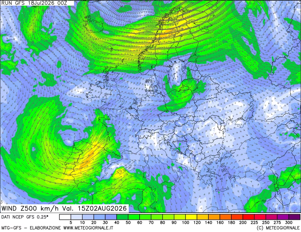 mappa 500 hPa Vento forza e direzione