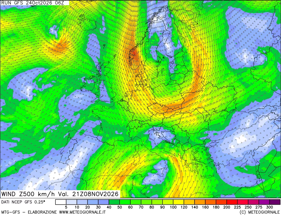 mappa 500 hPa Vento forza e direzione