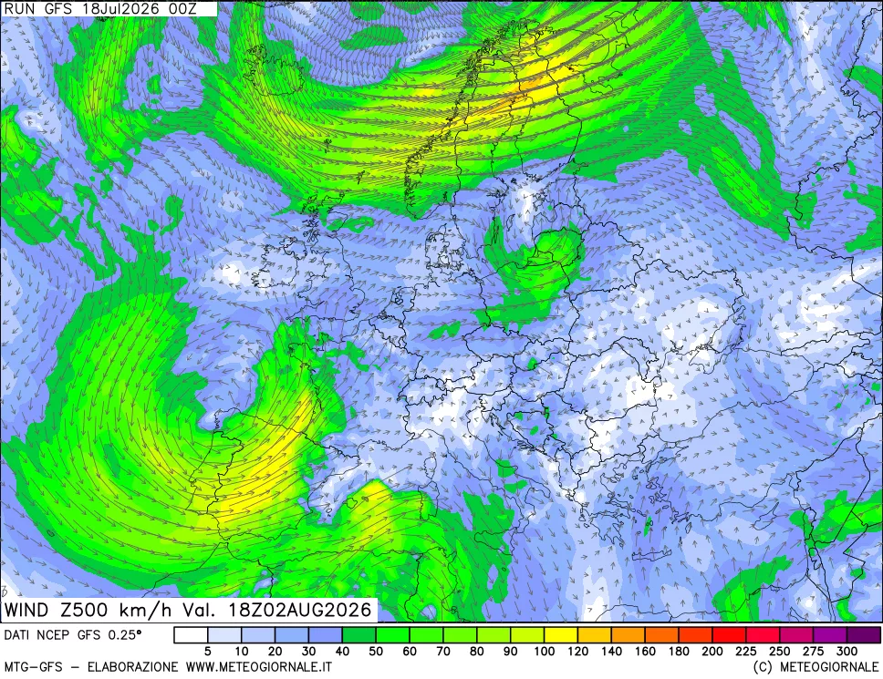 mappa 500 hPa Vento forza e direzione
