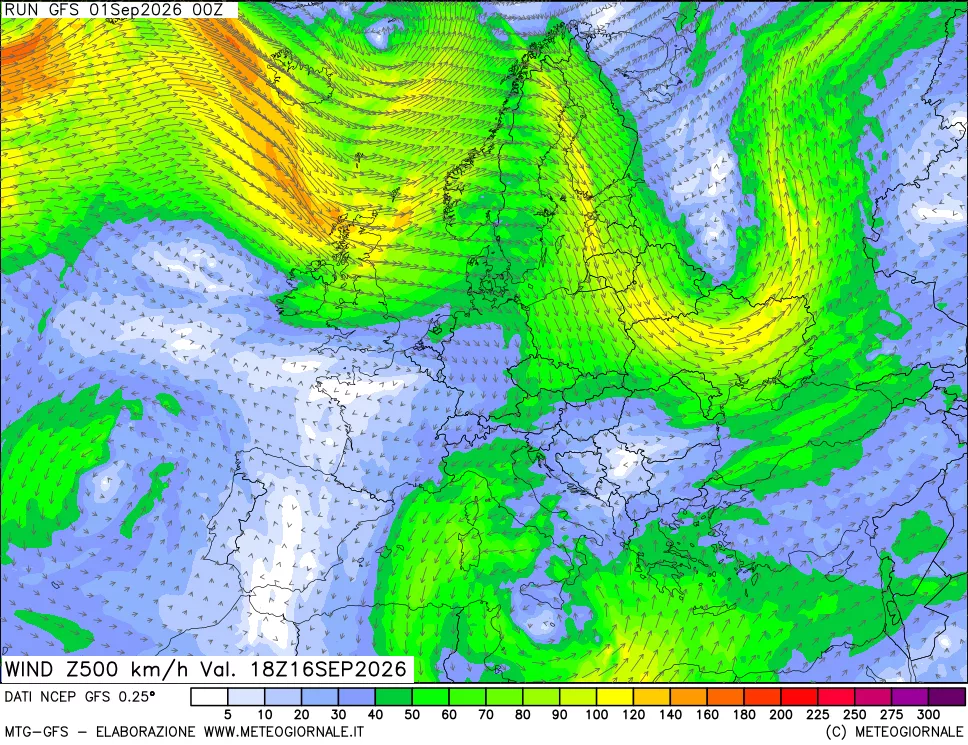 mappa 500 hPa Vento forza e direzione