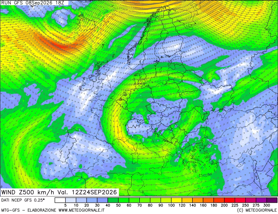 mappa 500 hPa Vento forza e direzione