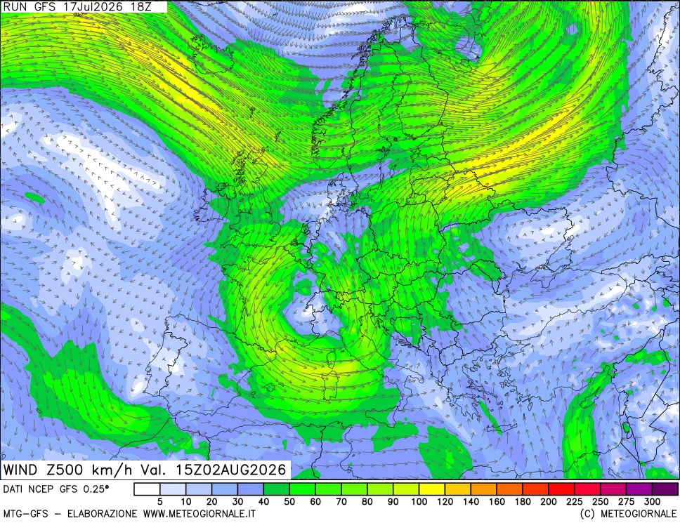 mappa 500 hPa Vento forza e direzione