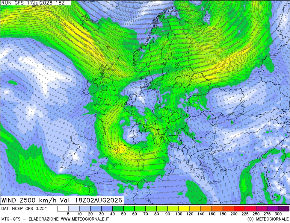 mappa 500 hPa Vento forza e direzione