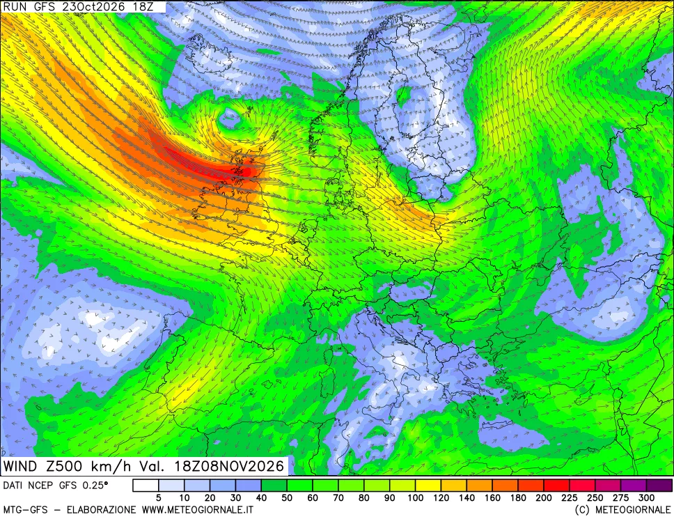 mappa 500 hPa Vento forza e direzione