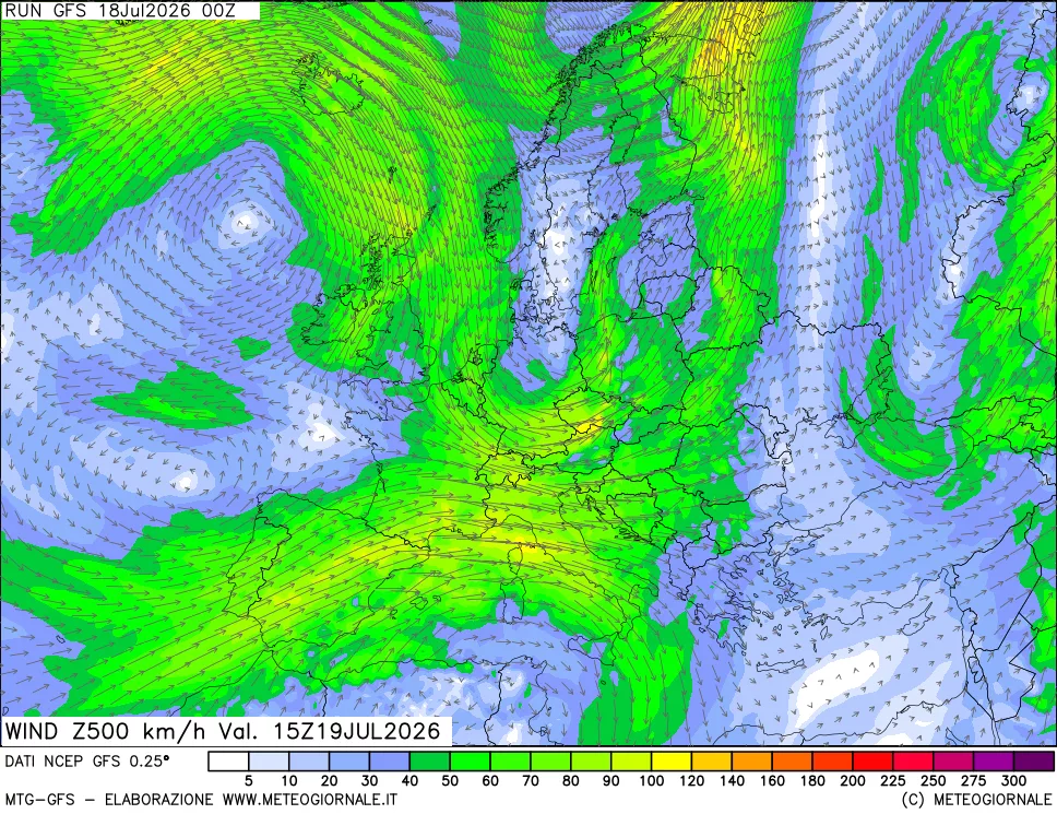 mappa 500 hPa Vento forza e direzione