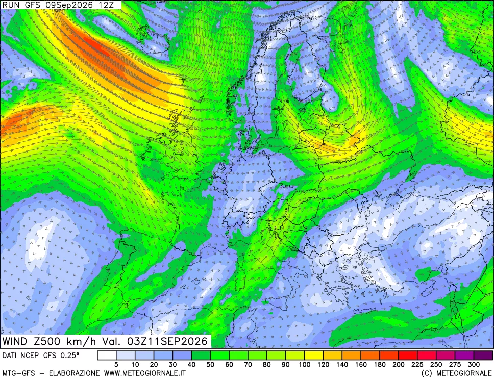 mappa 500 hPa Vento forza e direzione