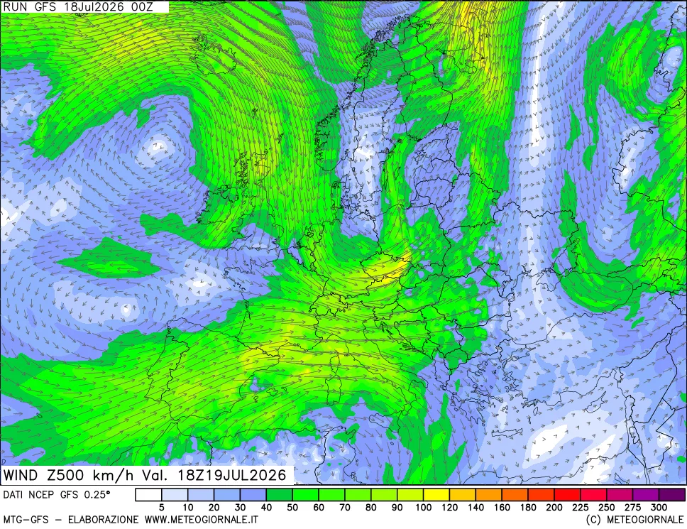 mappa 500 hPa Vento forza e direzione