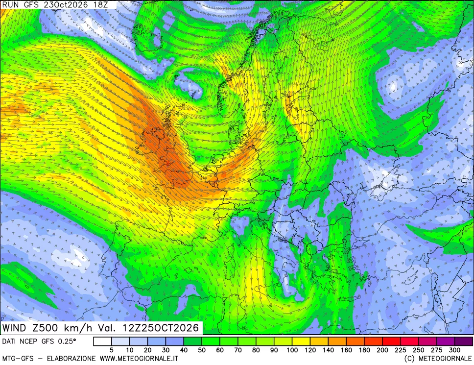 mappa 500 hPa Vento forza e direzione