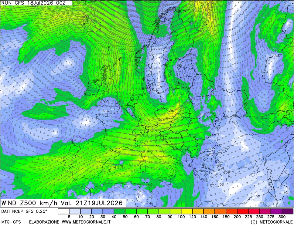 mappa 500 hPa Vento forza e direzione
