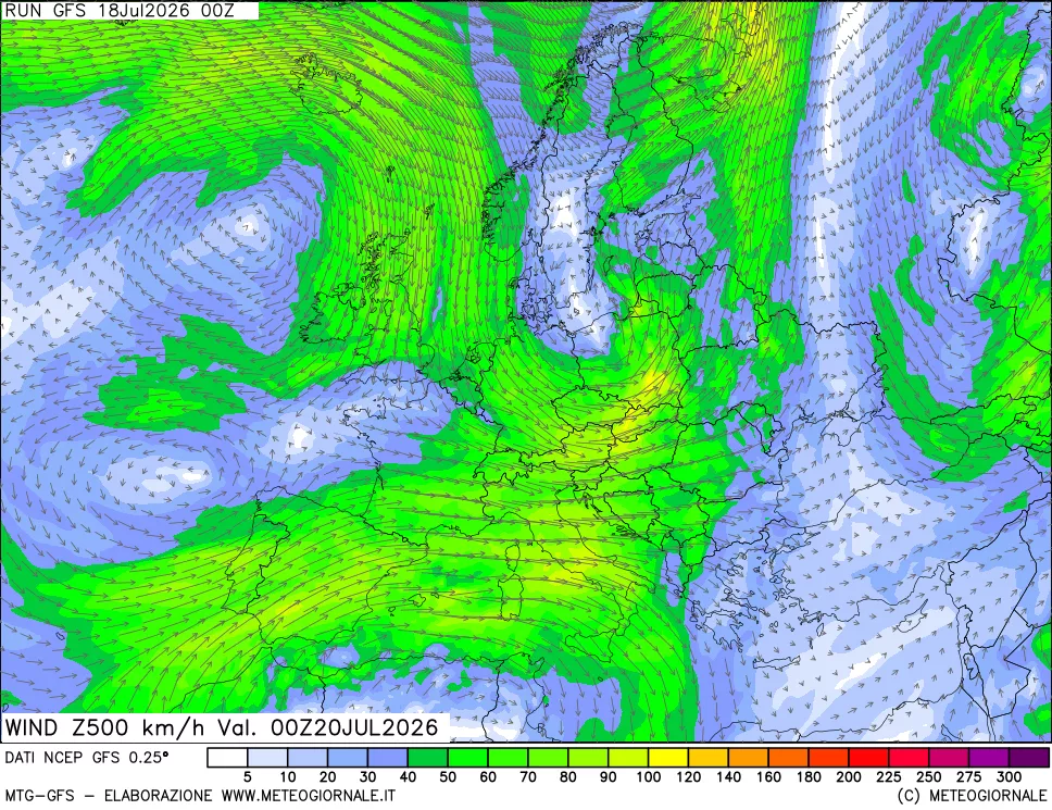 mappa 500 hPa Vento forza e direzione