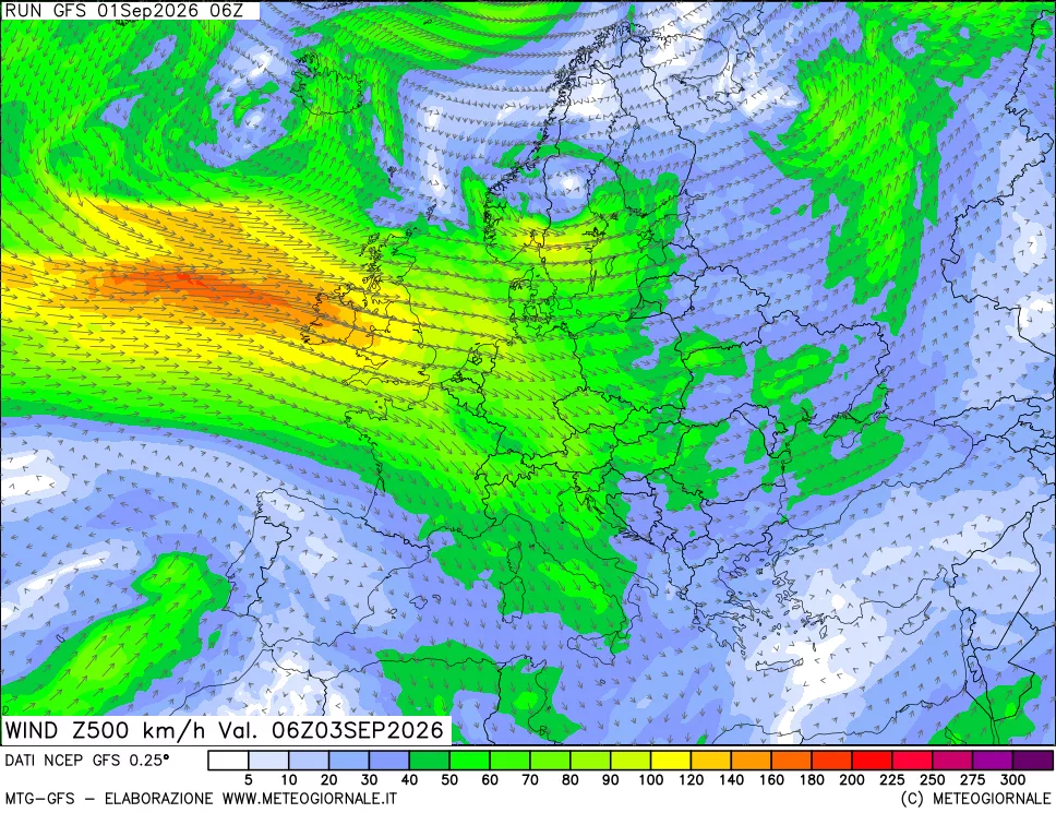 mappa 500 hPa Vento forza e direzione