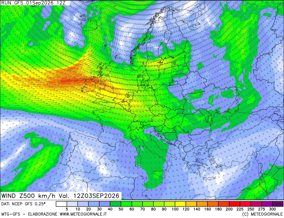 mappa 500 hPa Vento forza e direzione