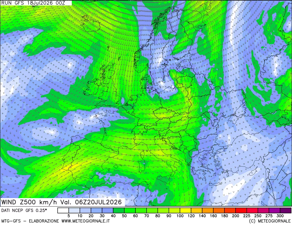 mappa 500 hPa Vento forza e direzione