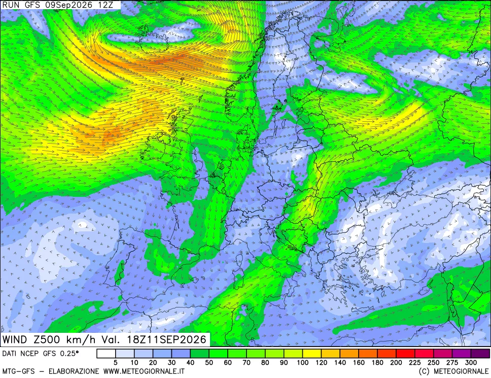 mappa 500 hPa Vento forza e direzione