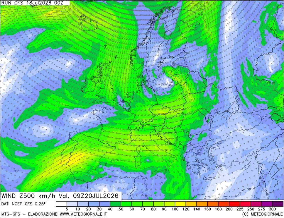 mappa 500 hPa Vento forza e direzione