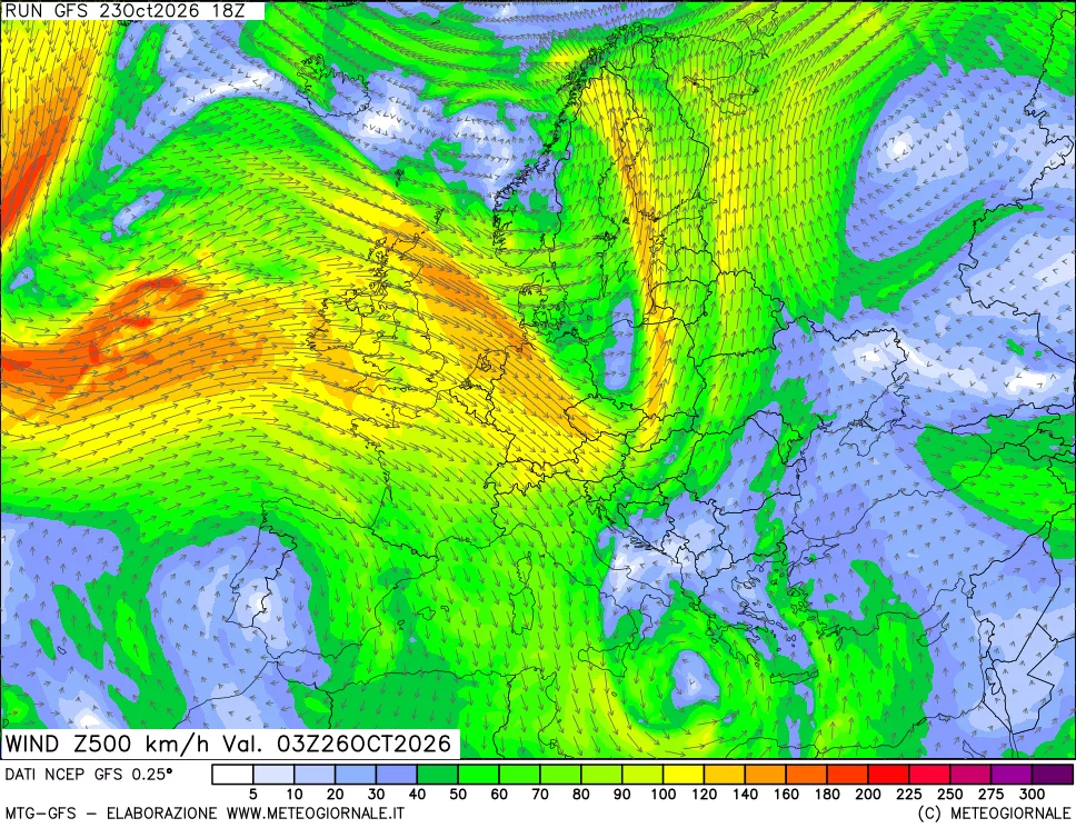 mappa 500 hPa Vento forza e direzione
