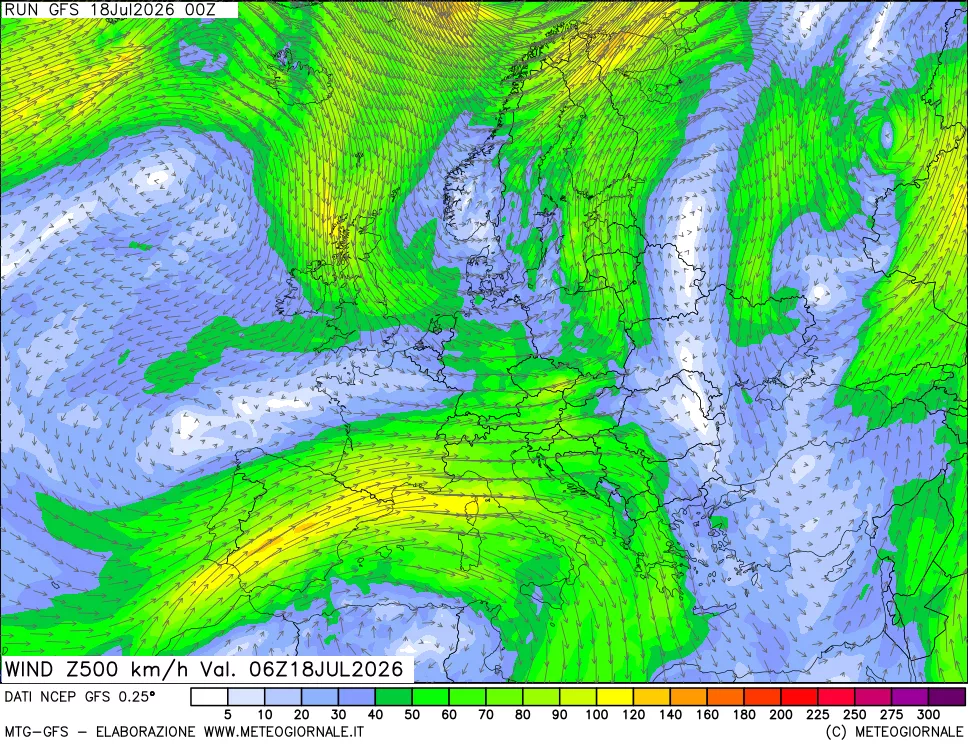mappa 500 hPa Vento forza e direzione