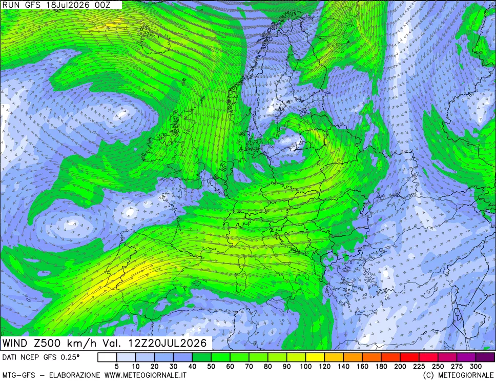 mappa 500 hPa Vento forza e direzione