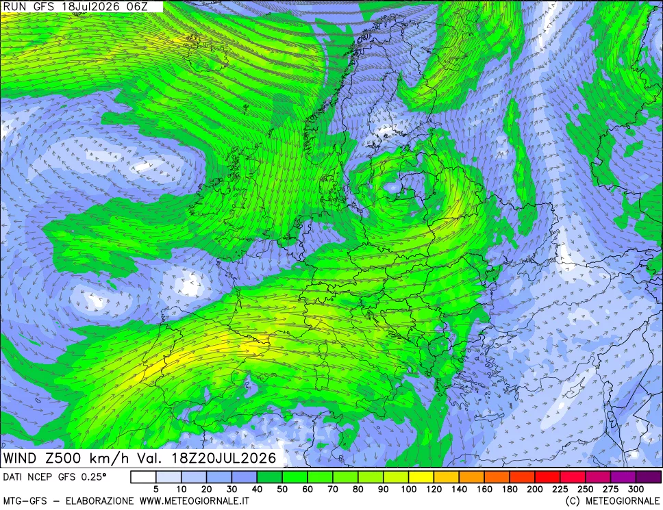 mappa 500 hPa Vento forza e direzione