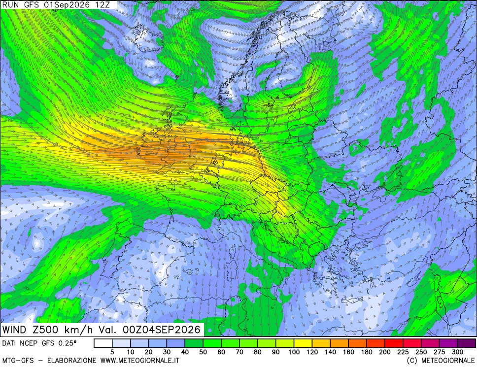 mappa 500 hPa Vento forza e direzione