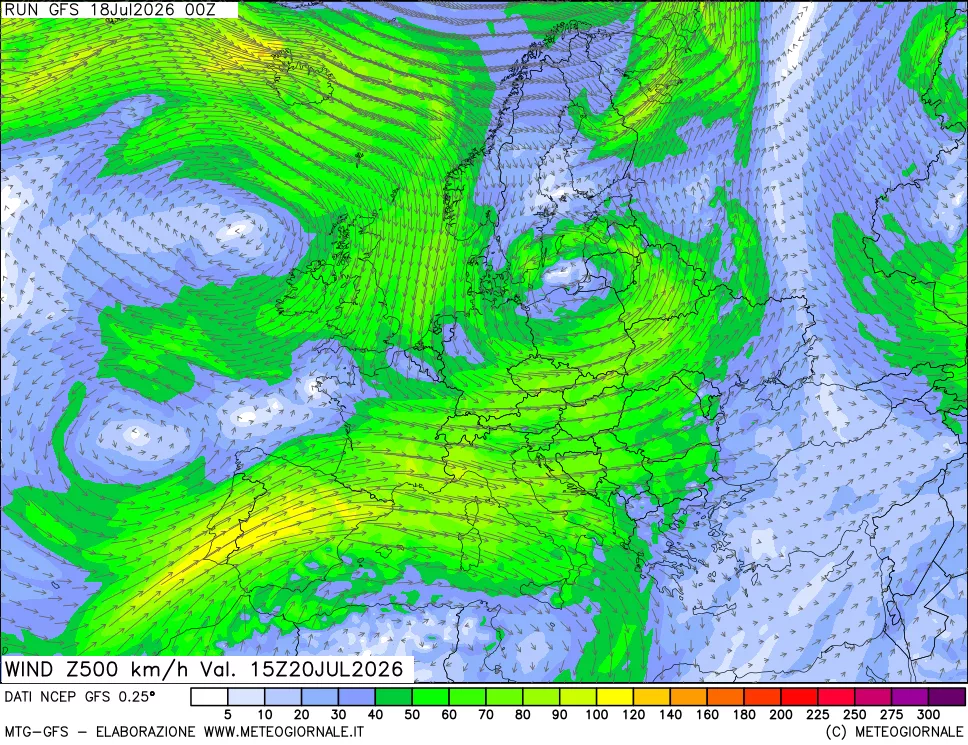 mappa 500 hPa Vento forza e direzione
