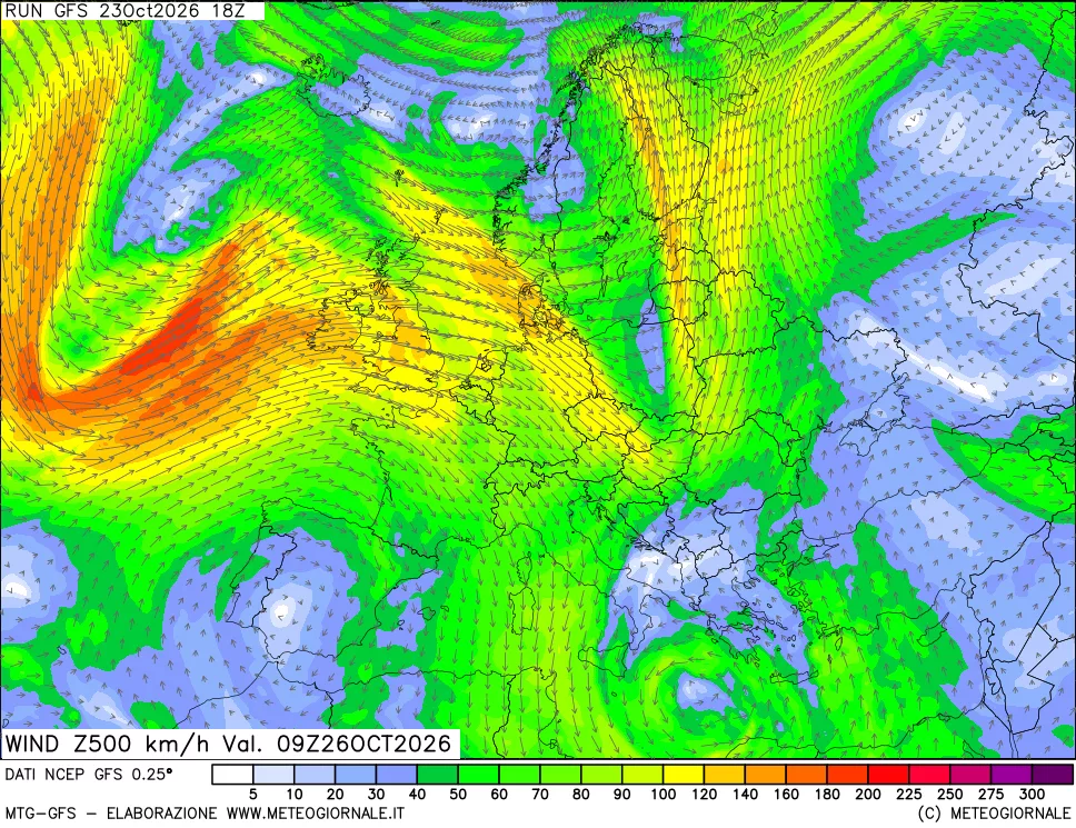 mappa 500 hPa Vento forza e direzione