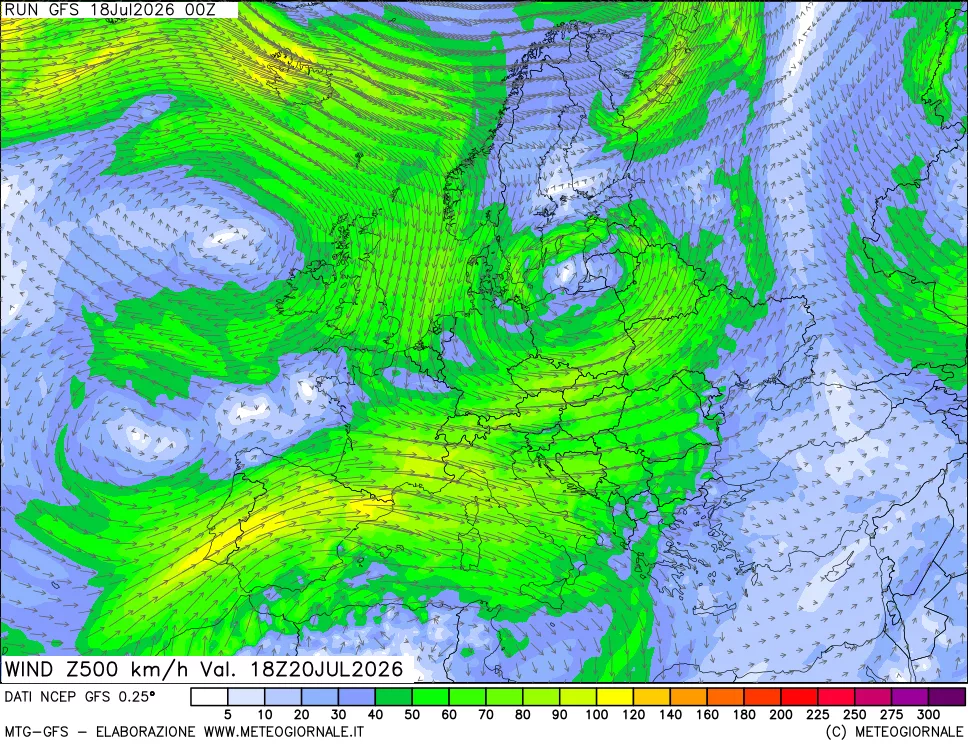 mappa 500 hPa Vento forza e direzione