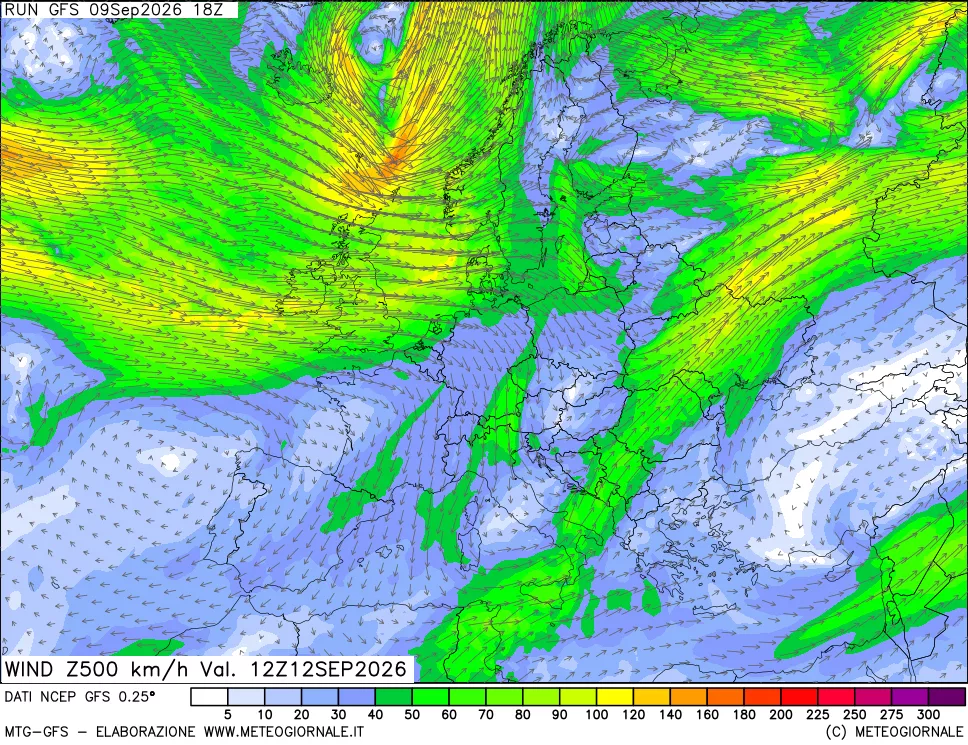 mappa 500 hPa Vento forza e direzione