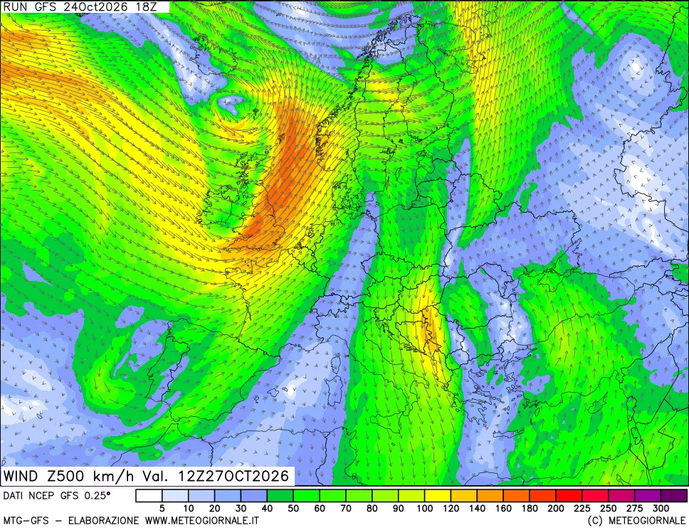 mappa 500 hPa Vento forza e direzione