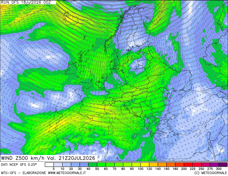 mappa 500 hPa Vento forza e direzione