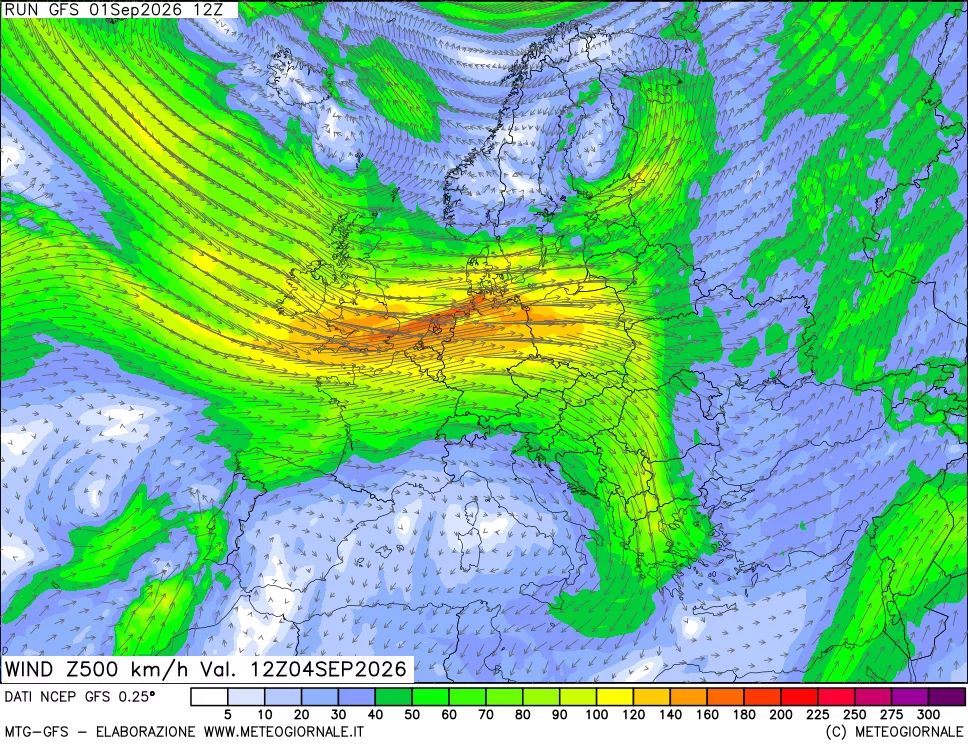 mappa 500 hPa Vento forza e direzione