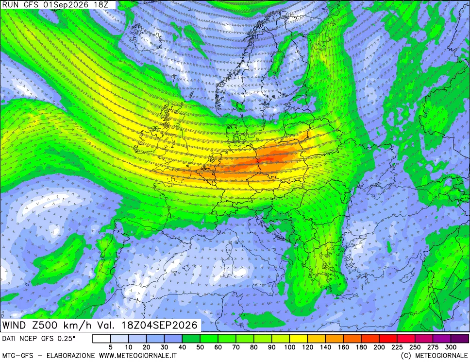 mappa 500 hPa Vento forza e direzione