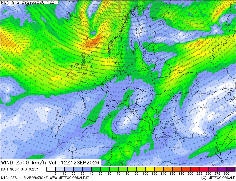 mappa 500 hPa Vento forza e direzione