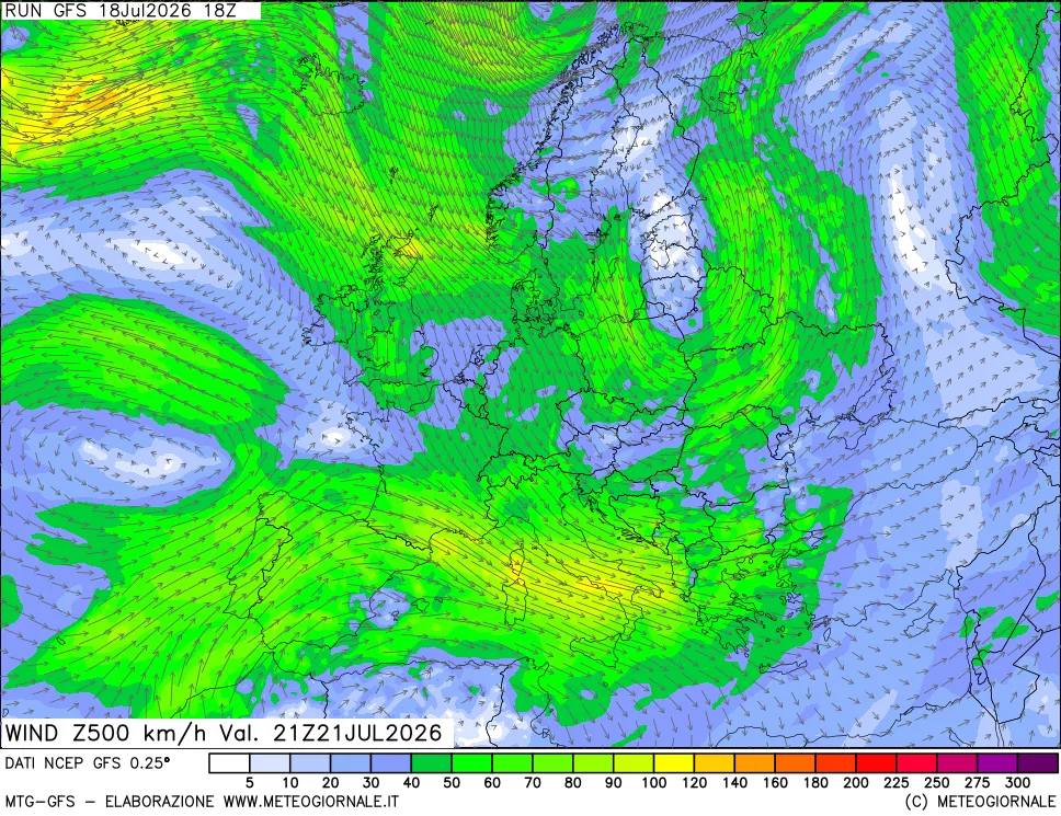 mappa 500 hPa Vento forza e direzione