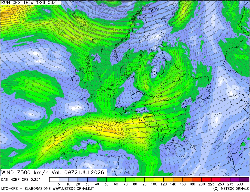 mappa 500 hPa Vento forza e direzione