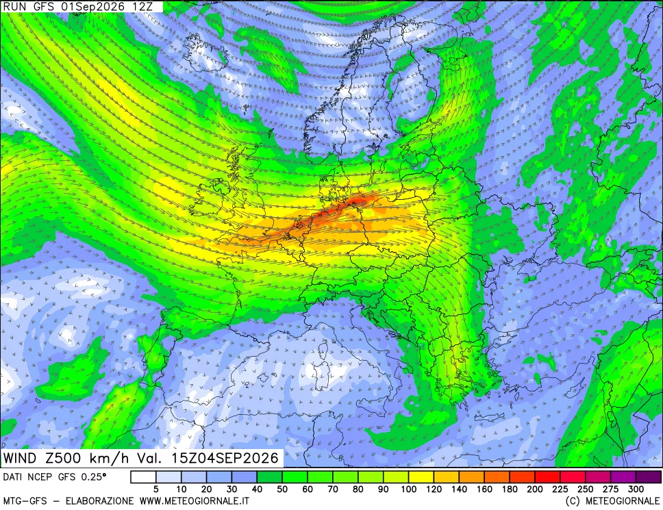 mappa 500 hPa Vento forza e direzione
