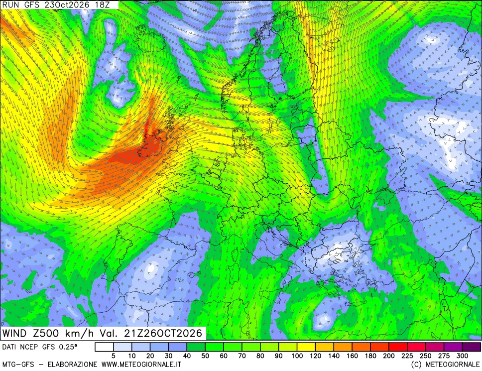 mappa 500 hPa Vento forza e direzione