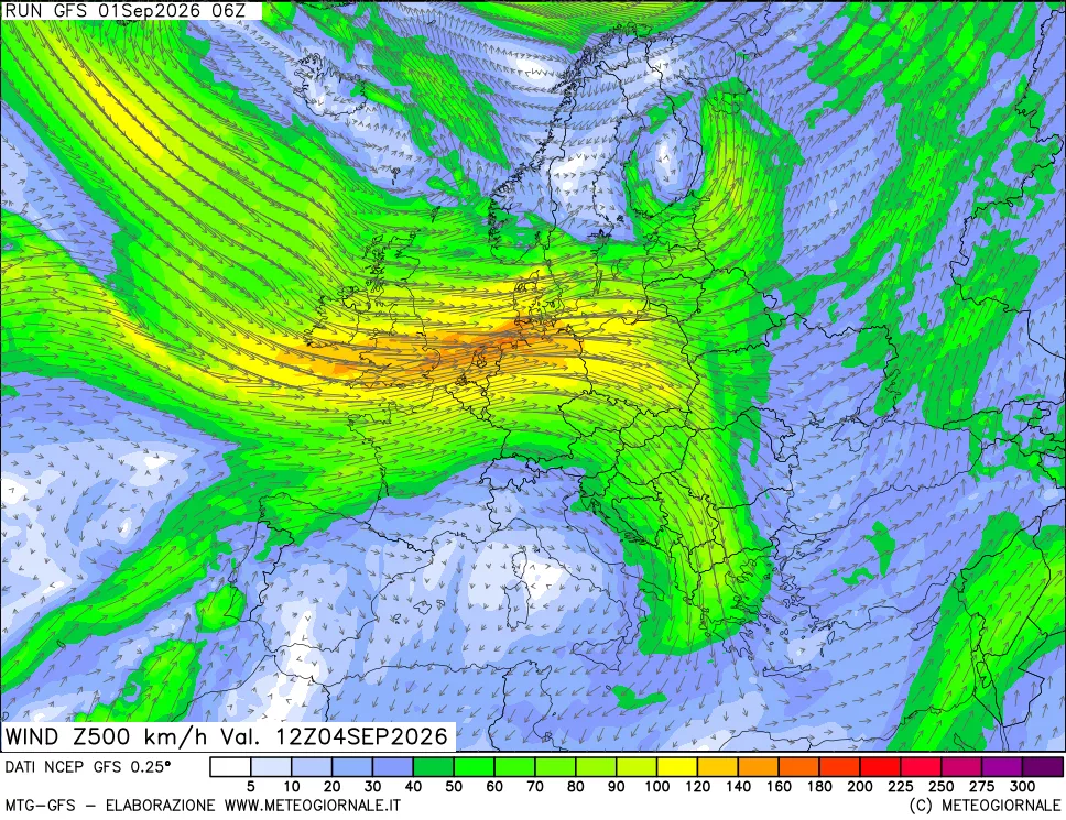 mappa 500 hPa Vento forza e direzione