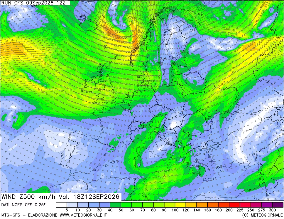 mappa 500 hPa Vento forza e direzione