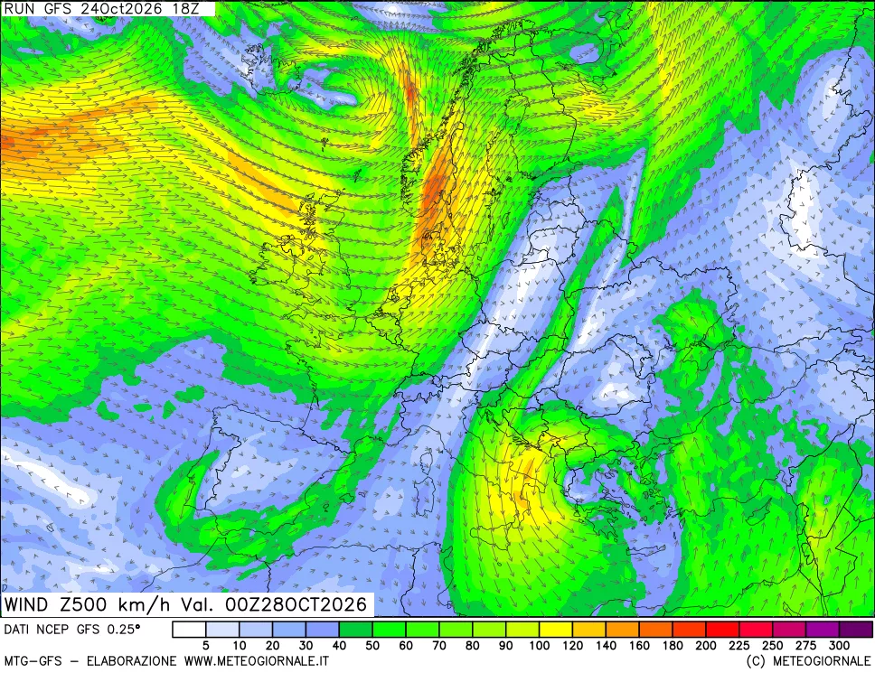 mappa 500 hPa Vento forza e direzione