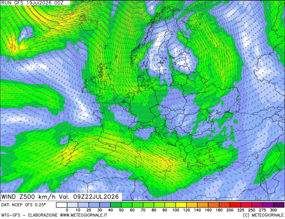 mappa 500 hPa Vento forza e direzione