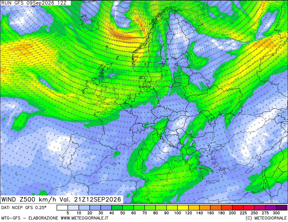 mappa 500 hPa Vento forza e direzione