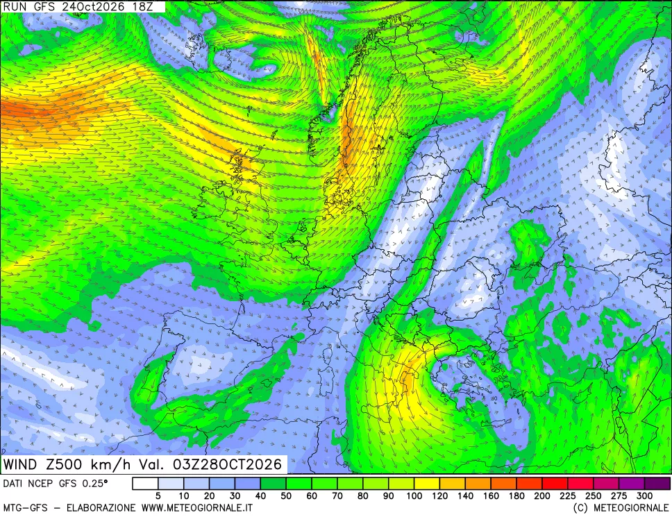 mappa 500 hPa Vento forza e direzione