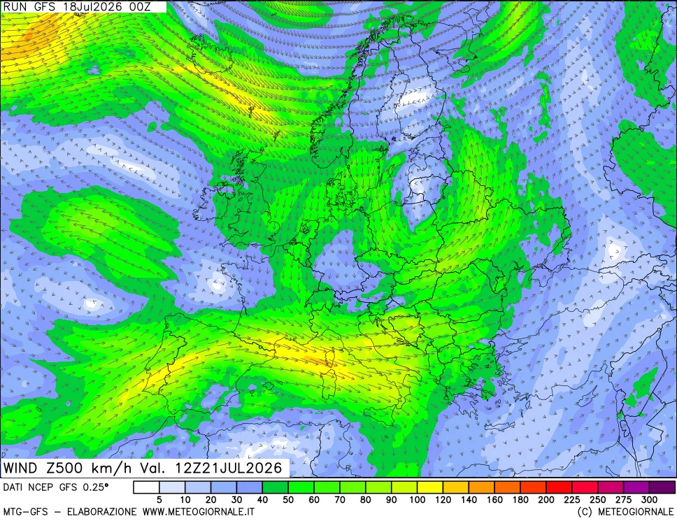 mappa 500 hPa Vento forza e direzione