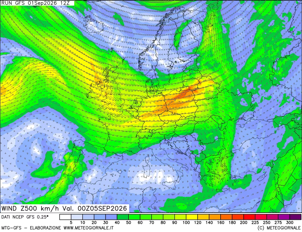 mappa 500 hPa Vento forza e direzione