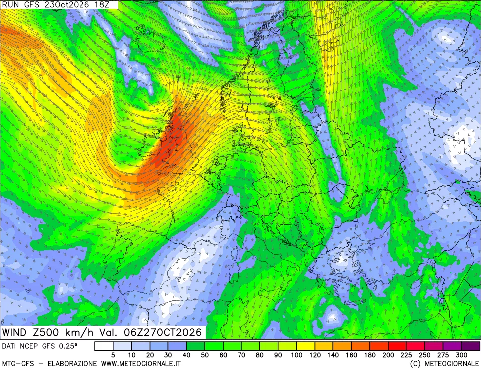mappa 500 hPa Vento forza e direzione