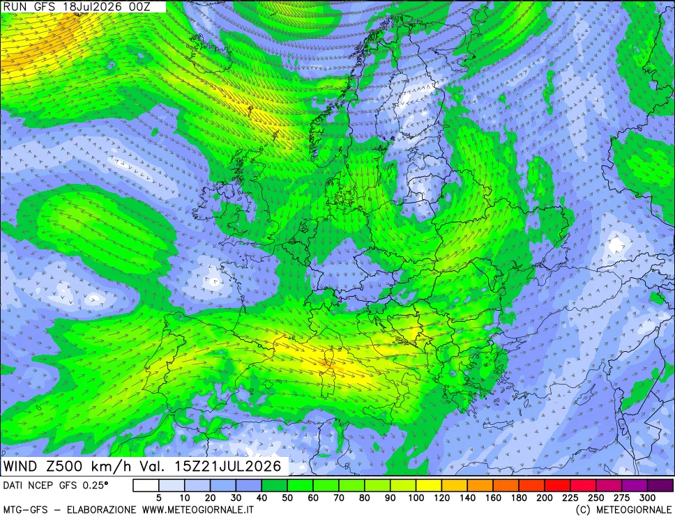 mappa 500 hPa Vento forza e direzione